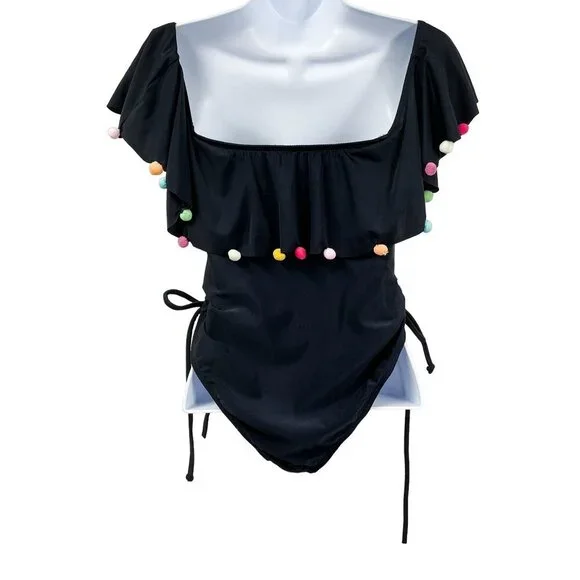 ASOS Rainbow Pom Pom One Piece Off Shoulder Bathing Suit Swimsuit Bikini - Picture 9 of 10